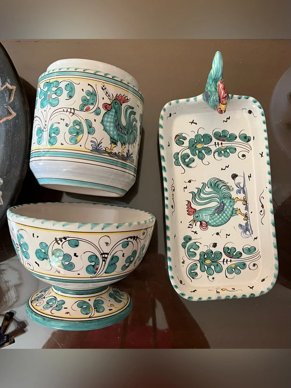 VTG PV Italy Orvieto Peasant Village Green Rooster Complimentary Serving Pieces